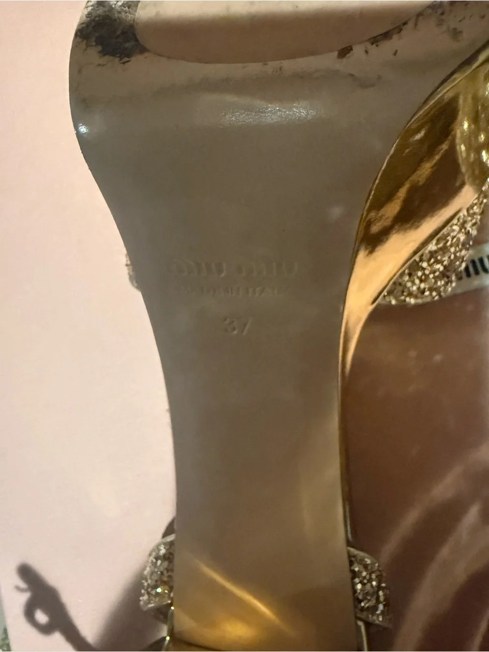 Miu Miu Gold Glitter Platform Ankle-Strap Sandals